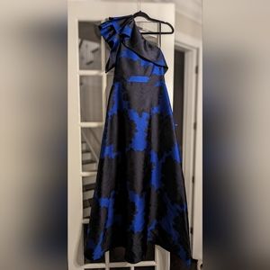 Adrianna Papell Women's Blue Floral Jacquard One Shoulder Evening Gown